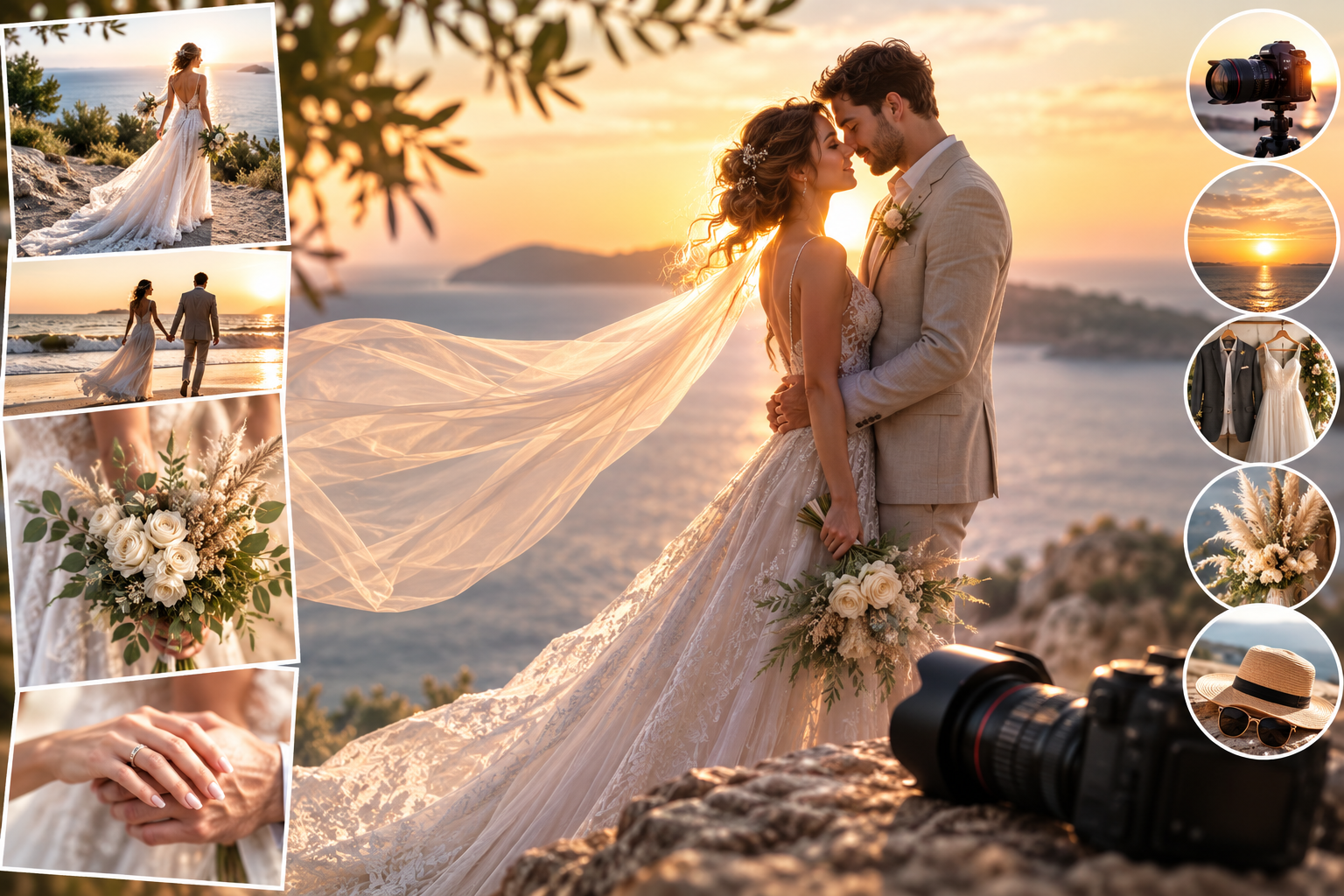 Doğal ışıkta dış çekim yapan mutlu gelin ve damat